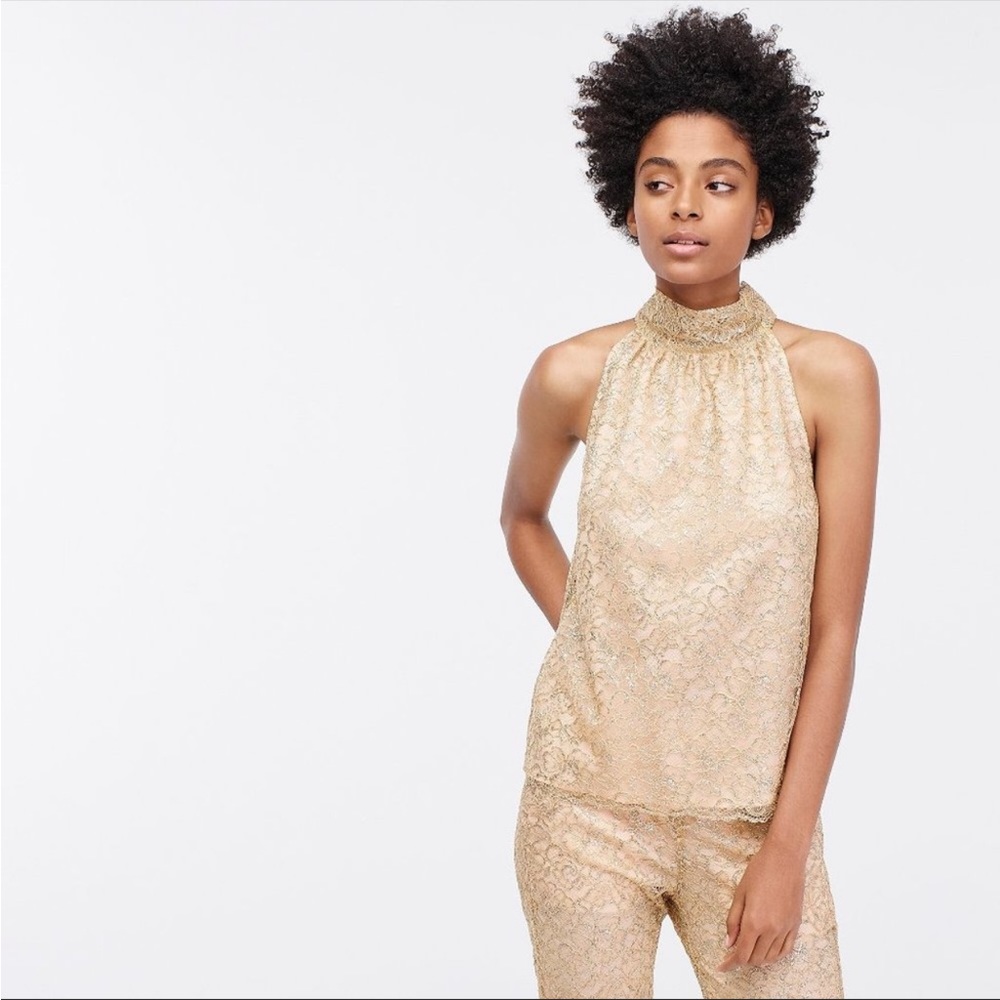 ⚓️J.Crew NWOT Gold Metallic Lace Tie-Neck Top